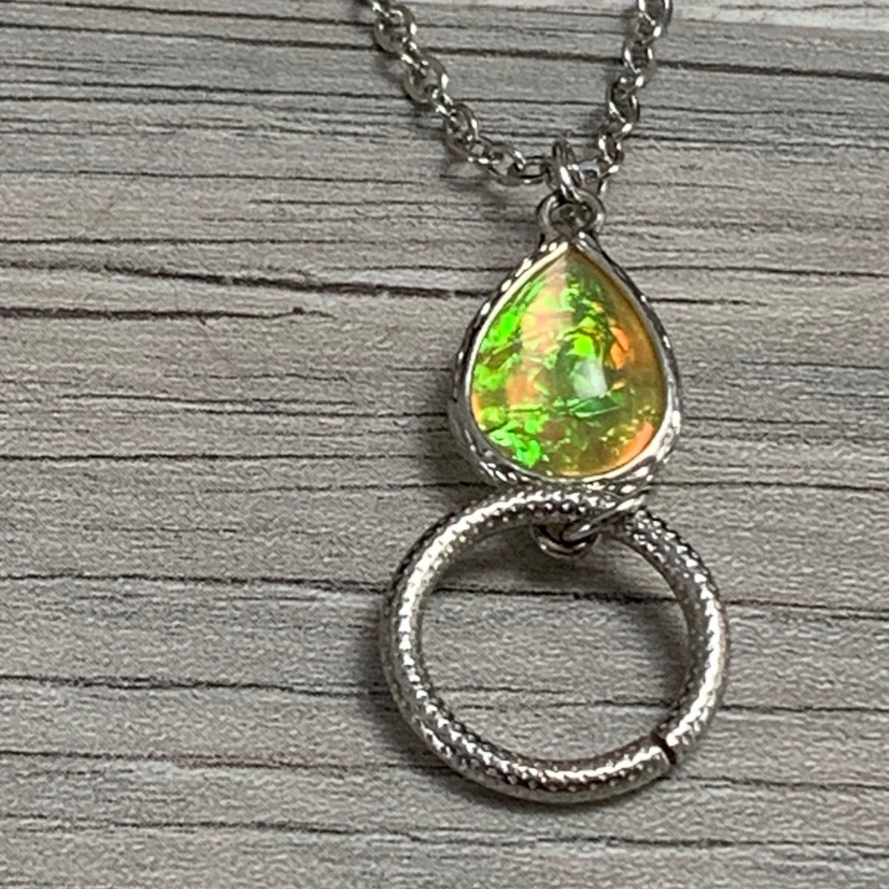 Silver Tone Long Chain Faux Opal Teardrop Pendant Necklace 30 Inch 4902
